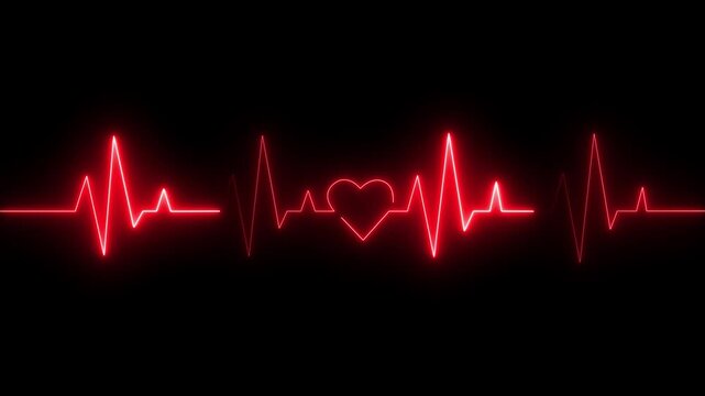Bright red neon heartbeat line with a love heart shape in the center on a dark black background representing health life and romance for medical or greeting card design concepts