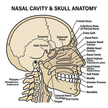 Detailed anatomical diagram of human nasal cavity and skull.