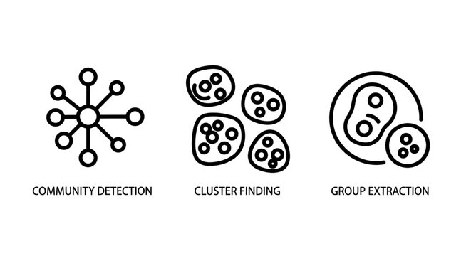 Set of data clustering and community detection icons with clustering community detection analysis extraction connections statistics information mathematics structure patterns visualization