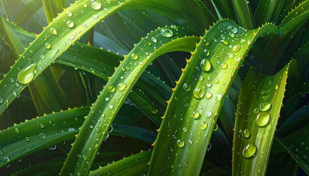 Fresh Green Aloe Vera Leaves with Clear Morning Dew Drops