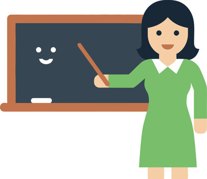 Smiling Teacher with Pointer Stick at Blackboard, Education Concept