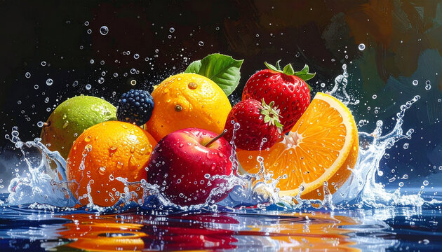 Vibrant Mixed Fruits Splashing in Water with Fresh Droplets