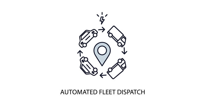 Automated fleet dispatch logistic concept line art icon with dispatch logistics automation transport delivery tracking management location software optimization distribution navigation