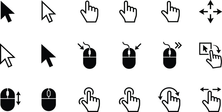 Cursor And Hand Icons Black Silhouette Set On White Background