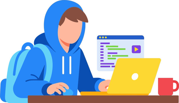 Young student coding on laptop, wearing hoodie and backpack, online learning concept