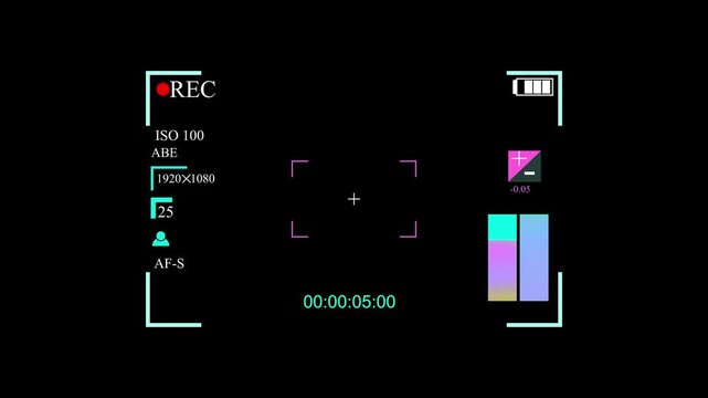 Digital camera recording viewfinder overlay interface with focus frame and video settings data on a dark screen background for professional cinema and photography production or film editing projects