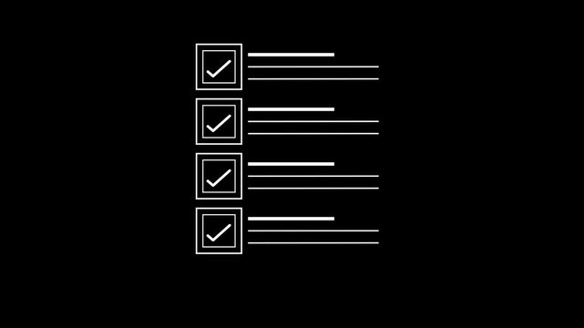 Simple white checkbox icon with lines representing a checklist task or completed to do list item on a clean black background for minimalist user interface design and digital application graphics