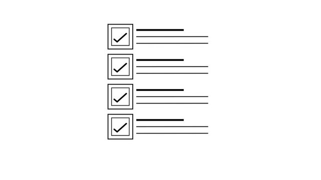 Minimalist check mark icon inside a square box with horizontal lines representing a task list item or a simple to do entry for digital interfaces and website navigation elements for user experience