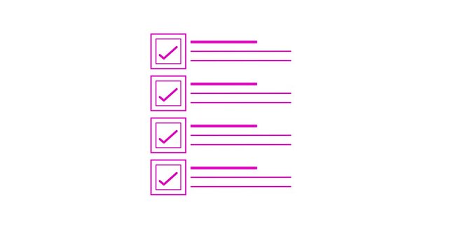Pink outline icon of a checklist with a check mark inside a square box and horizontal lines representing text as a simple vector design for business task lists and project management applications