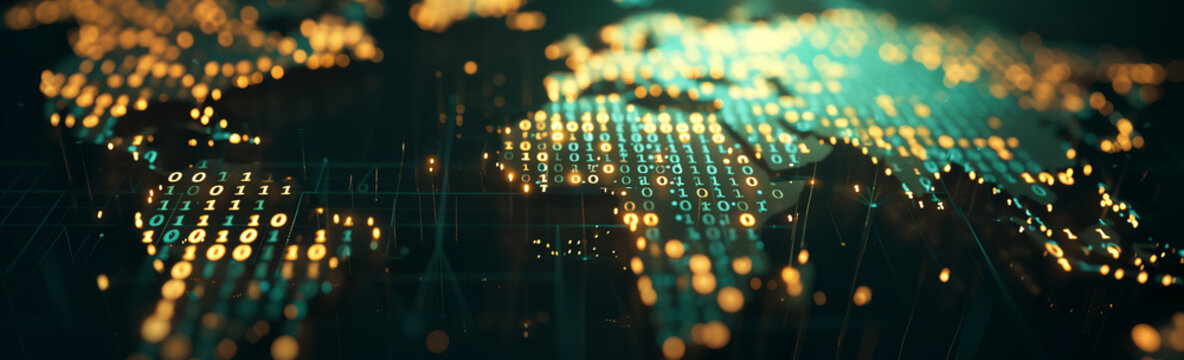 Global binary data stream on world map background for big data digital technology cyber security and connection network concept