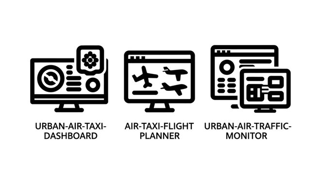 Urban air taxi navigation and flight planning monitoring dashboard icons with planning dashboard aviation navigation transportation technology logistics software interface mobility tracking