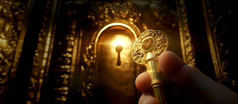 Hand holding a golden ornate key unlocking a glowing secret door, concept of success and discovery