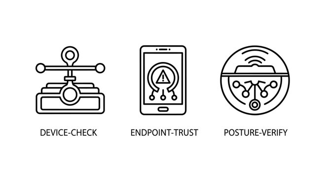 Cybersecurity icons set featuring device check endpoint trust and system posture verification security endpoint verification protection technology infrastructure software validation computer