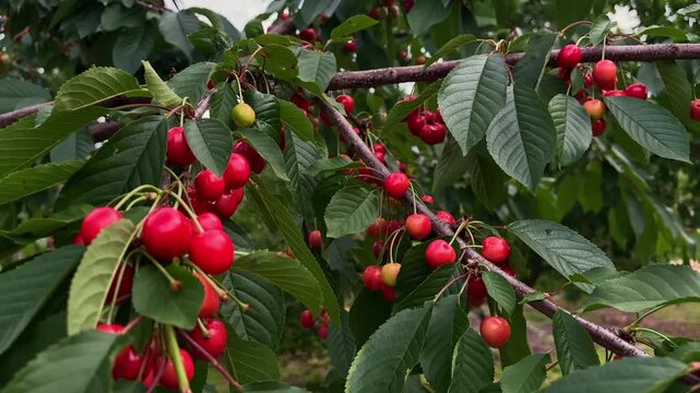 Lots of ripe red sweet cherries hanging on a tree branch