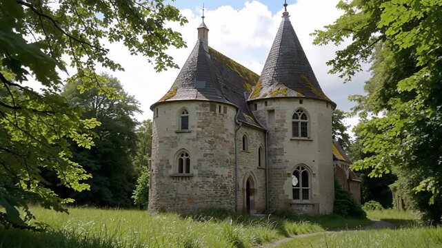 Hidden fairy castle, Secluded enchanted meadow castle scene, Enchanted stone mansion amid peaceful meadows, Secret fairytale stone castle nestled in calm fields and meadows.