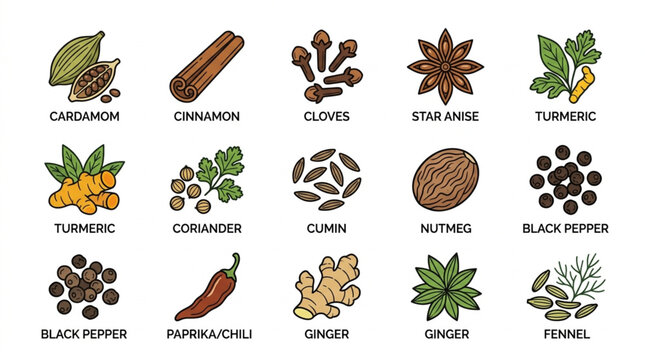 Collection of various spices and herbs for cooking and seasoning.