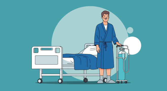 Patient in Hospital Gown with Oxygen Machine Next to Hospital Bed