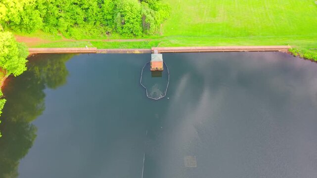 Summer aerial view featuring the Bradley Hubbard Reservoir at Doctor Francis Giuffrida Park and Chauncey Peak in Meriden, Connecticut