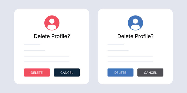 Delete Profile Confirmation Dialog Box UI Elements. Mobile Application Account Deactivation Alert Popup Window Interface. Vector Illustration.