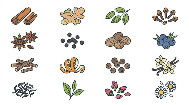 Collection of various spices and herbs arranged in a grid.