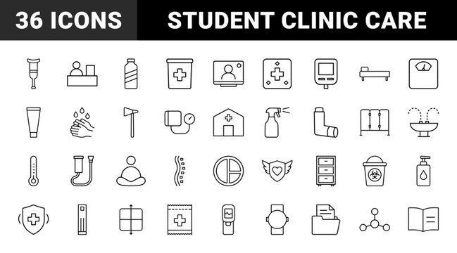 School health program line icon set. Vector pictograms of clinic, screening, hygiene, and wellness elements, thin linear illustration.