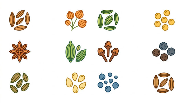 Collection of Various Spices and Herbs Arranged in Circles.