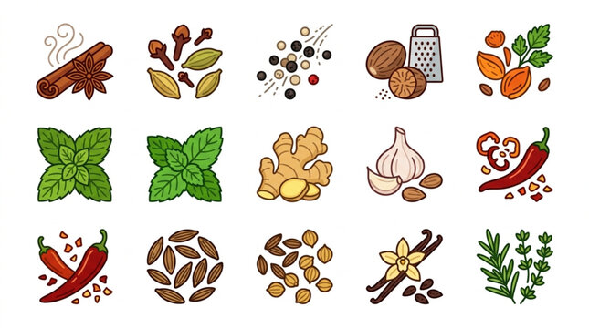 Collection of various spices and herbs arranged in artistic illustrations.
