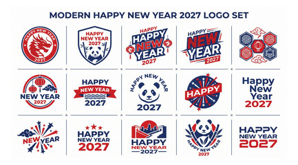 Modern happy new year 2027 logo set with decorative dragon and panda elements fireworks celebration typography greeting branding corporate elements decorative insignia template © Shaon