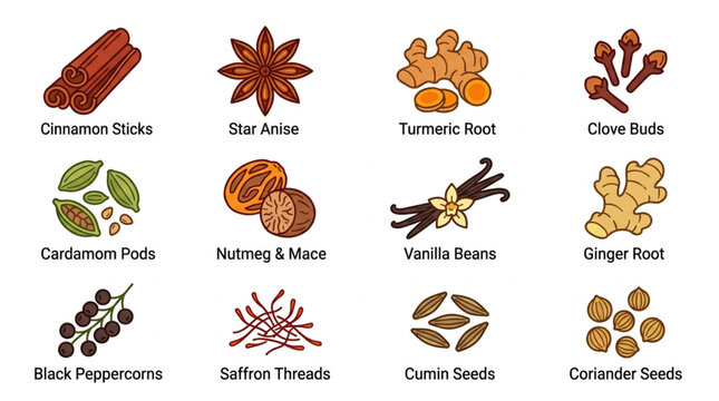 Collection of Various Spices and Herbs for Cooking.