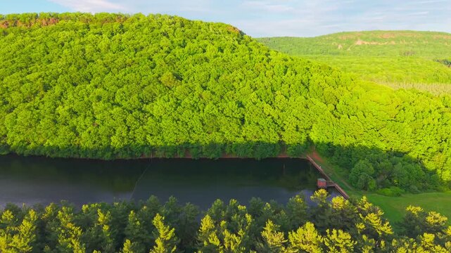 Summer aerial view featuring the Bradley Hubbard Reservoir at Doctor Francis Giuffrida Park and Chauncey Peak in Meriden, Connecticut