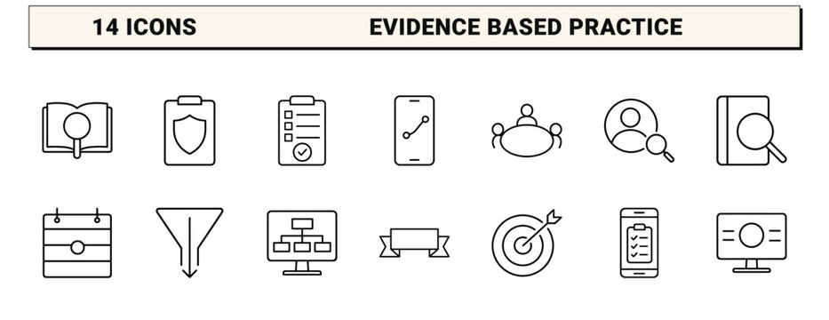 Evidence based practice line icon set. Vector pictograms of medical research, clinical data, healthcare quality, and scientific methodology elements, thin linear illustration.