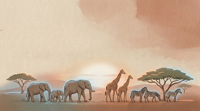African Safari Animals Elephants Giraffes and Zebras Sketch Illustration with Acacia Trees Sunset