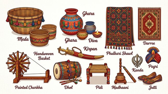 Traditional Punjabi cultural objects collection, set of 15 ethnic Indian heritage icons, folk art illustrations of Charkha, Phulkari, and Dhol