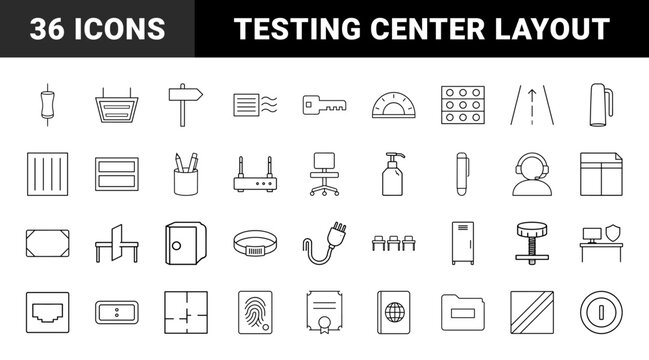Examination room setup line icon set. Vector pictograms of furniture, test materials, station equipment, and monitoring elements, thin linear illustration.