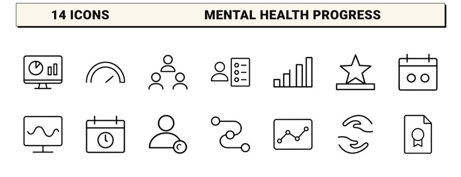Medical healthcare line icon set. Vector pictograms of psychology, psychiatry, documentation, and counseling elements, thin linear illustration.