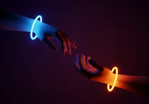 Two hands reaching for each other with neon light trails and glowing rings