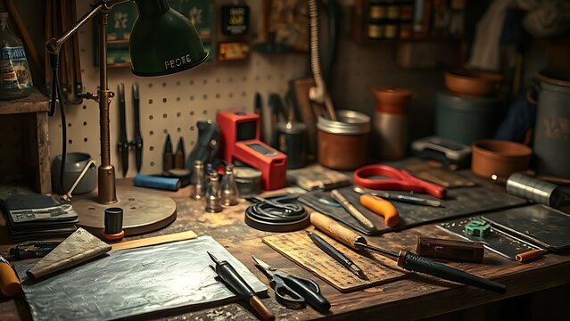 snips. Cluttered workbench with tin sheets and soldering tools under warm light. safety posters, maintenance manuals, designed for precision metalworking and fabrication facilities.
