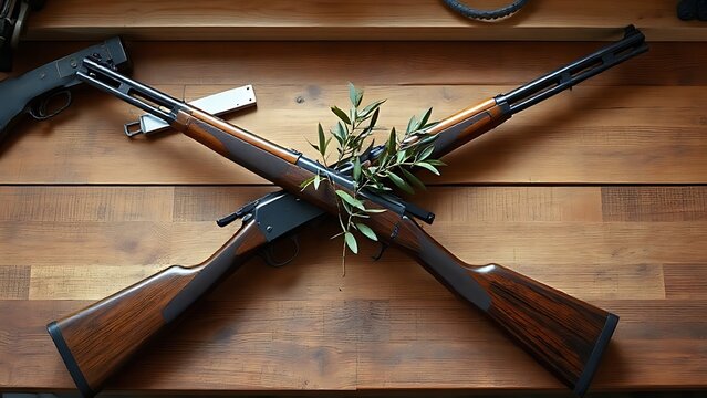 firearm. Vintage rifles crossed with olive branch on workbench, peace and conflict resolution concept. public awareness campaigns.