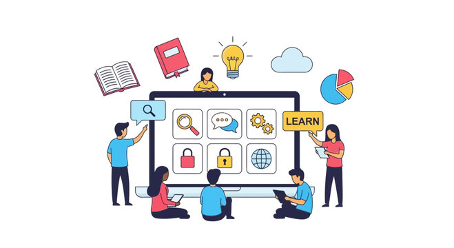 Online Learning Concept with People Collaborating Around a Digital Screen