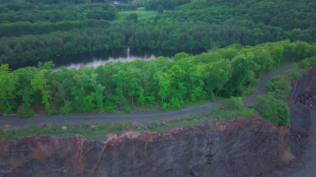 Summer aerial view featuring the Bradley Hubbard Reservoir at Doctor Francis Giuffrida Park and Chauncey Peak in Meriden, Connecticut