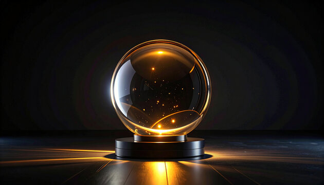 Glowing crystal ball on a dark surface lit with warm golden light