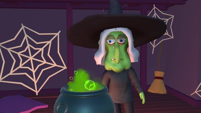 Witch in magic hut brews a potion in a cauldron. Spooky Halloween, human skull with a burning candle and stove