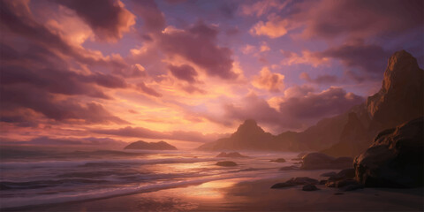 sunset over the ocean at the beach with a colorful sky, clouds, and warm evening light over sea and horizon © MONORA