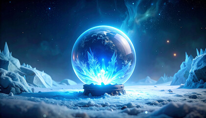 Glowing crystal ball displayed against a surreal winter landscape