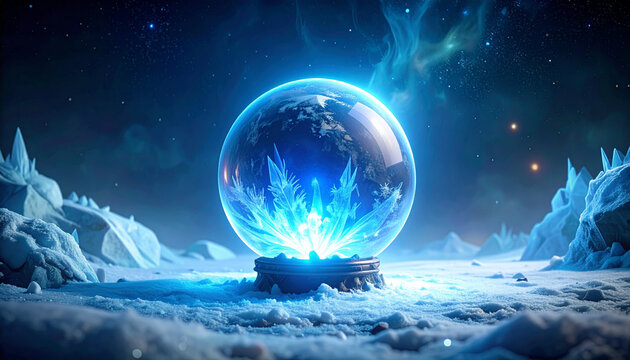 Glowing crystal ball displayed against a surreal winter landscape