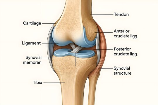 Detailed cross-sectional illustration of a human knee joint revealing cartilage, ligaments, tendons, femur, tibia, and synovial structures