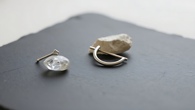 stapes. Sterling silver stapes bone earring and quartz crystal on dark slate, jewelry presentation. lifestyle magazines.