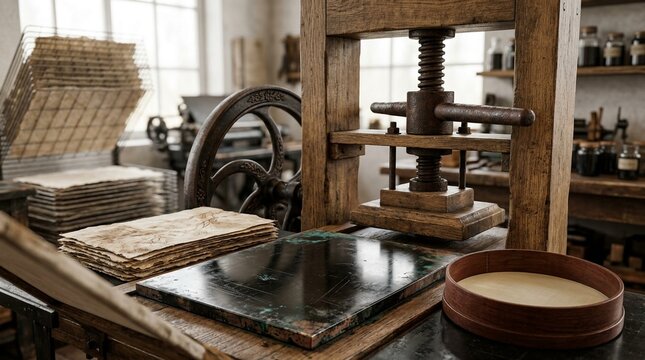 Vintage printing press machine with paper and ink in workshop