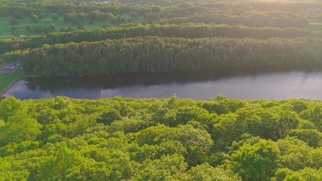Summer aerial view featuring the Bradley Hubbard Reservoir at Doctor Francis Giuffrida Park and Chauncey Peak in Meriden, Connecticut