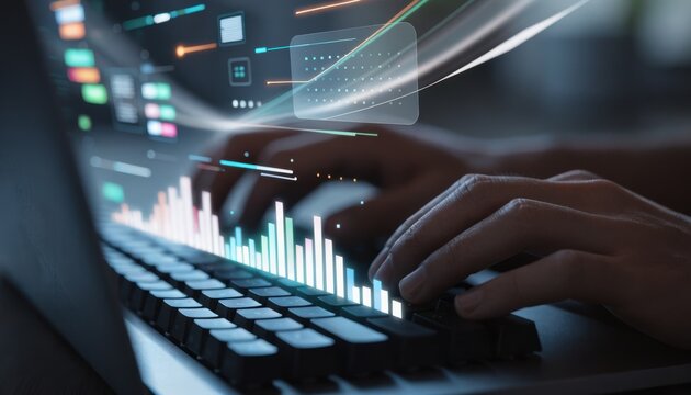 Futuristic digital interface with holographic graphs and data overlays projected above a person's hands typing on a laptop keyboard in a dark environment.